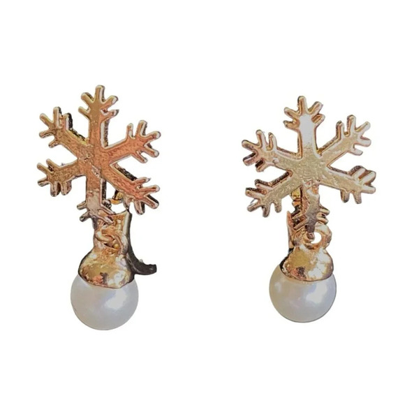 Gold Tone Snowflake Huggie Earrings with Faux Pearl Drops - Picture 2 of 7